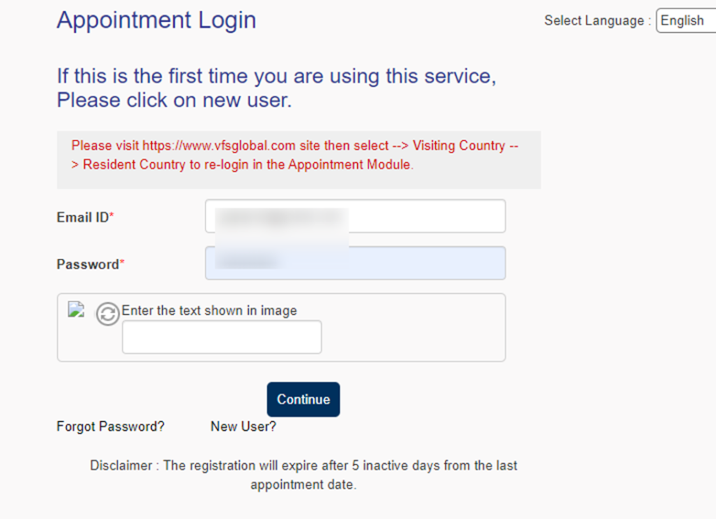 加拿大签证申请网约录指纹系统过程中的验证登录页面