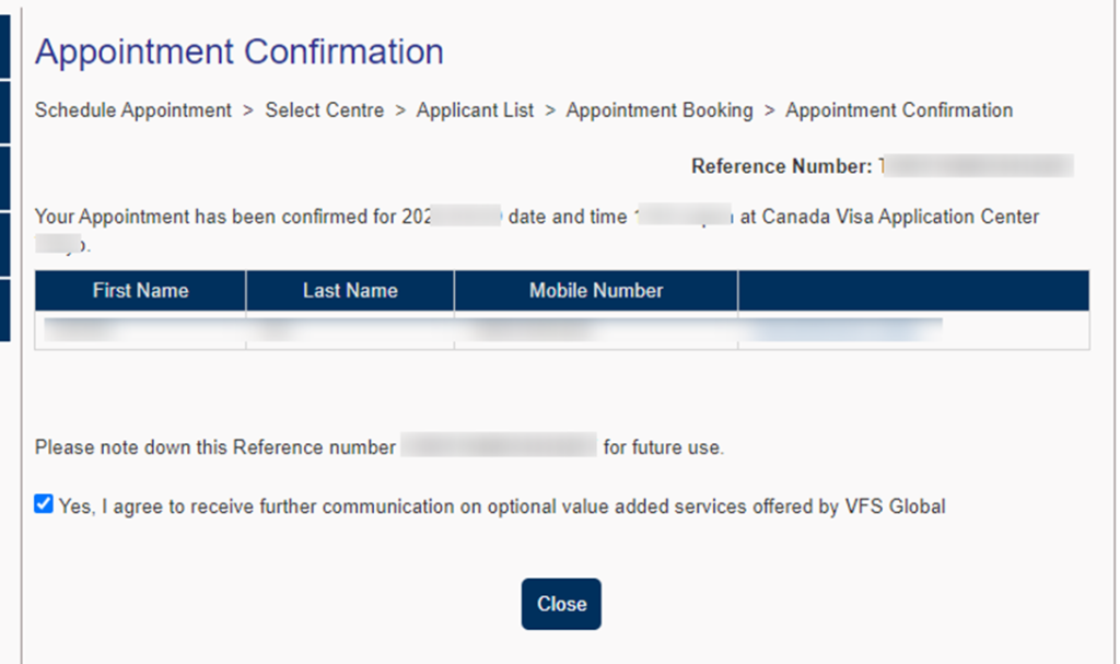 加拿大签证申请网约录指纹预约成功的页面